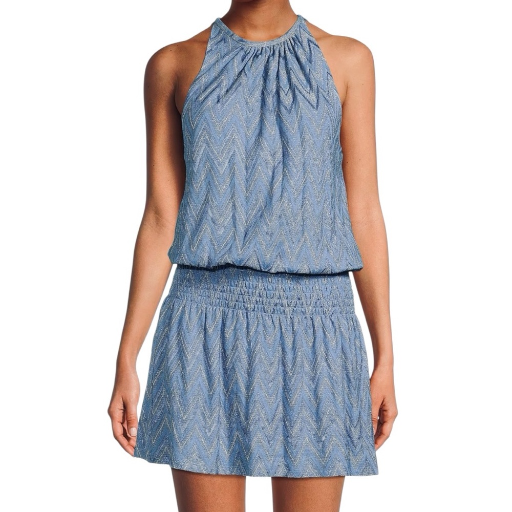 NWT RAMY BROOK Blue Metallic Chevron Sleeveless Smock Waist Dress Size Small